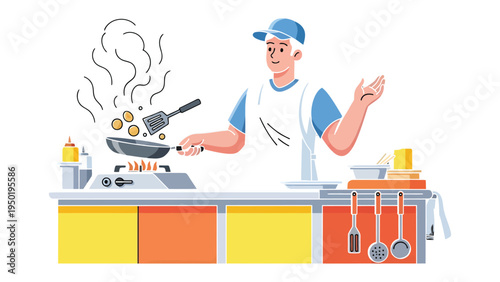 Chef at Work: Capturing the essence of culinary skill, a chef expertly flips food in a pan, surrounded by essential tools and ingredients, embodying the art of cooking.