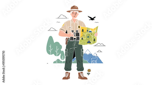 The Explorer's Guidance: An illustrated figure of a park ranger, hat and binoculars in hand, meticulously studies a detailed map.