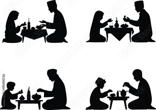 Illustration of silhouette of a man and woman sitting on the floor eating a meal together isolated