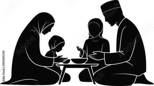 Illustration of silhouette of a family having a meal together isolated 