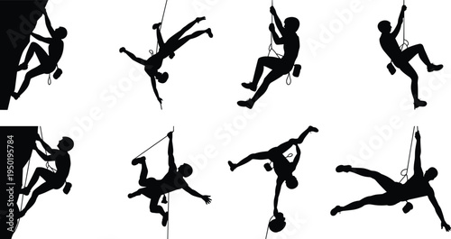 Rock climbing silhouettes set, climber rappelling and mountaineering activities, adventure sport people, extreme outdoor training, rope climbing action