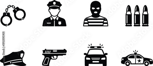 Police crime icons officer handcuffs weapon law enforcement symbols