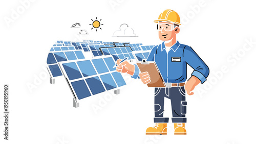 Solar Panel Technician at Work: An enthusiastic technician, diligently surveys a vast array of solar panels, exemplifying sustainable energy and technological advancement.