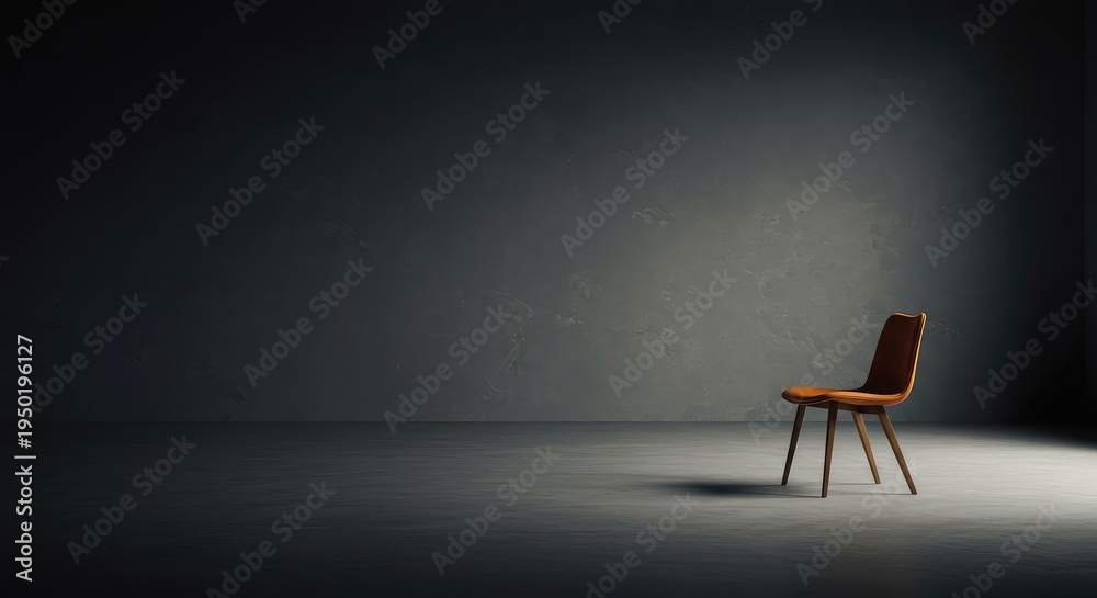 Fototapeta premium A single modern chair sits empty in a large, minimalist room, defining the powerful quietness of the surrounding negative space, void, potential, geometric
