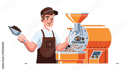 Crafting the Perfect Brew: A barista in a coffee shop expertly handles roasted coffee beans with his industrial roasting machine, demonstrating the art of coffee roasting and brewing.