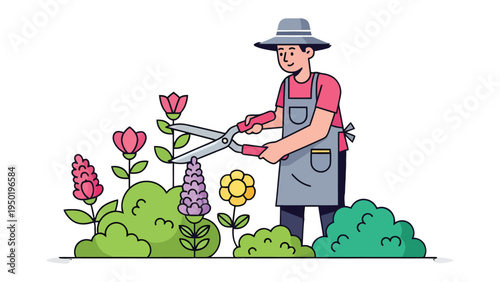 Gardener Tending to the Garden: A diligent gardener cultivates a vibrant garden, carefully trimming the flourishing flowers.