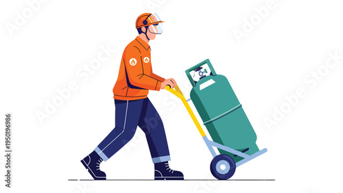 Gas Delivery Personnel: A dedicated delivery man confidently transports a gas cylinder, showcasing his commitment to safety and efficiency in a work-focused environment.