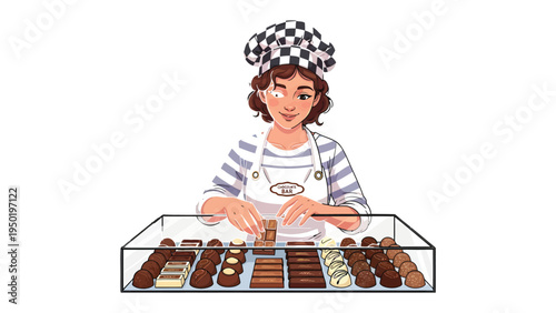 Chocolatier's Craft: A skilled chocolatier delicately arranges an assortment of artisanal chocolates in a display case, showcasing passion, expertise, and love for creating gourmet delicacies.
