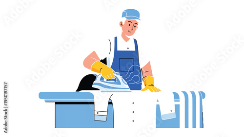 Ironing Routine: A professional, carefully irons clothes, demonstrating a dedication to precision. Clean and organized workplace.