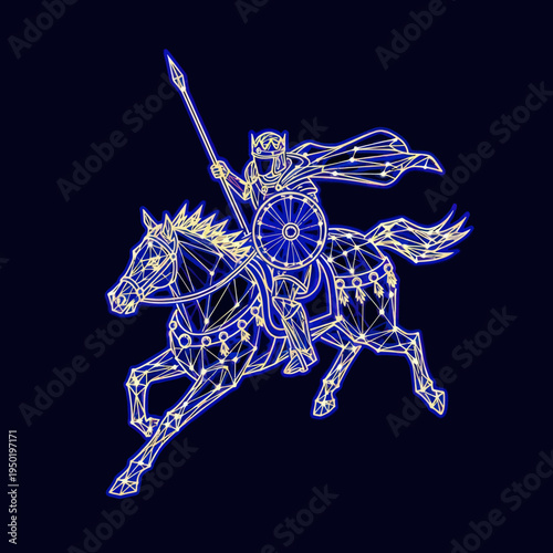 Glowing Blue Knight Riding Horse Illustration.