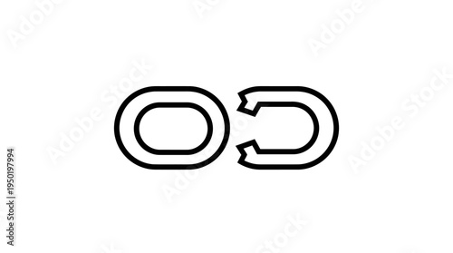 Minimalist black icon of a broken chain link, symbolizing disconnection, failure, or separation, representing broken links, malfunction, or loss of connectivity in a clean design.