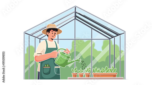 Gardener Nurturing Growth: An illustration of a dedicated gardener, tending to young plants with care inside a greenhouse, nurturing growth and fostering new beginnings.