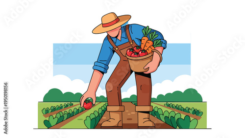 Farmer Harvesting Garden: A dedicated farmer, adorned in a straw hat and overalls, diligently harvests a variety of fresh produce from his thriving garden. He carefully selects ripe vegetables.
