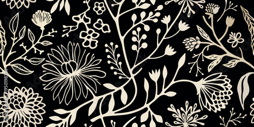 Delicate floral pattern featuring sketched botanical illustrations on black