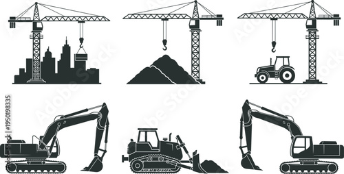 Black silhouette tower cranes lifting loads, excavator digging, bulldozer pushing earth, construction machinery set with city skyline and pile vector illustration.