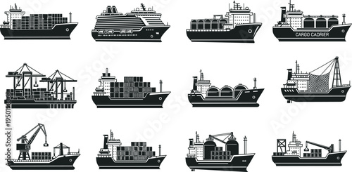 Cargo ships, container vessels, bulk carriers, cruise liners, fishing boats, maritime transport vector illustration, shipping industry components, logistics, global trade, ocean freight design