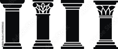 Ancient classical column set with different pillar styles including Greek and Roman architecture elements, black silhouette icons isolated on white background for design
