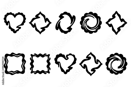 Set of trendy y2k distorted geometric shapes and wavy frames