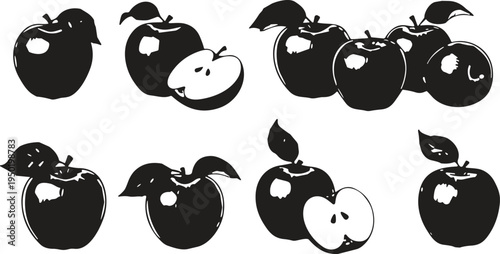 Apple fruit silhouette collection with whole and sliced apples illustration, healthy food icon set isolated on white background for nutrition and agriculture design