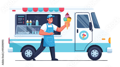 Ice Cream Vendor and Truck: Capturing the essence of summer fun, a cheerful vendor stands beside his vibrant ice cream truck, offering a delectable cone of refreshing scoops.