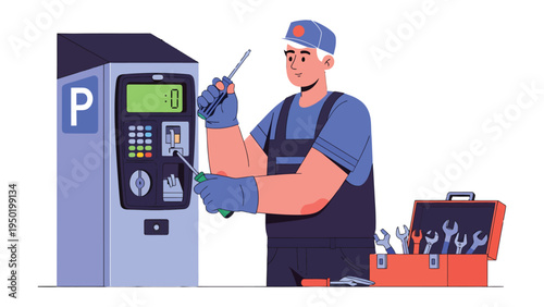 Parking Meter Maintenance: A skilled technician, equipped with tools, diligently repairs a parking meter, ensuring functionality. Demonstrating precision and the importance of infrastructure.