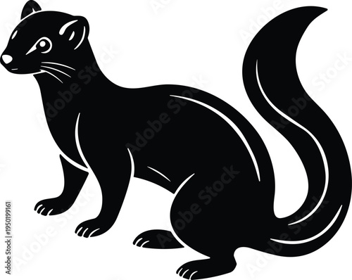 Black ferret silhouette vector illustration, cute mustelid animal icon with long tail, minimalist wildlife design for mascot, logo, nature, pet and mammal graphics