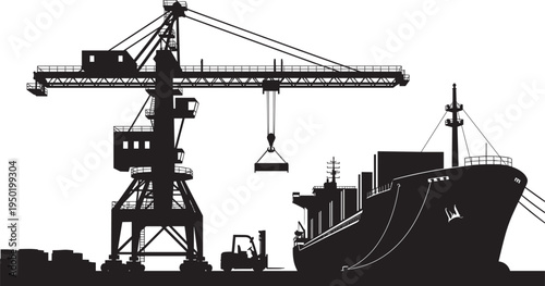 Industrial port silhouette featuring a large container ship, heavy gantry crane, and forklift operator loading international cargo for global shipping and maritime logistics, warehouse operations.