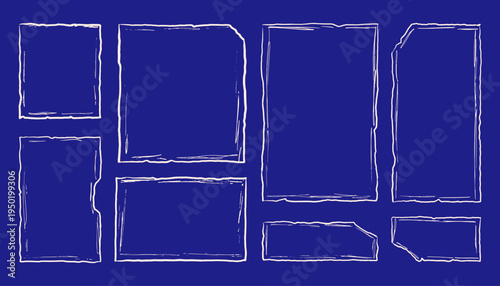 Set of rough hand drawn white rectangle frames. Grunge doodle borders, chalk sketch square shapes and torn paper edges. Photo collage design template