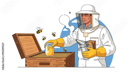 Beekeeper's Harvest: A diligent beekeeper, clad in protective gear, carefully harvests golden honey from a wooden hive, surrounded by busy bees in a sunlit outdoor setting.