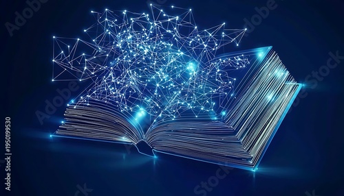 Digital data stream emerging from glowing open book on dark blue background technology art