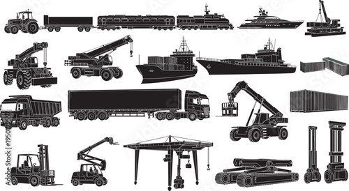 Transportation vehicles, cargo ships, freight trains, cranes, trucks, forklifts, heavy machinery vector illustration, logistics equipment, shipping industry components, construction, global trade 