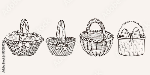 A collection of hand drawn baskets with varying contents and designs