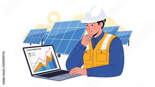 Sustainable Energy Insights: An engineer analyzes data on a laptop in front of solar panels, highlighting a commitment to renewable energy and innovative technology.