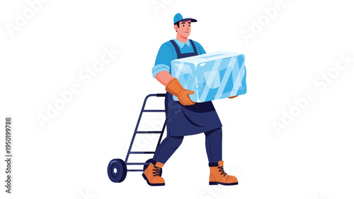 Ice Block Delivery: A diligent worker transports a massive block of ice, showcasing strength and the logistics of keeping things cool, captured with vibrant colors.