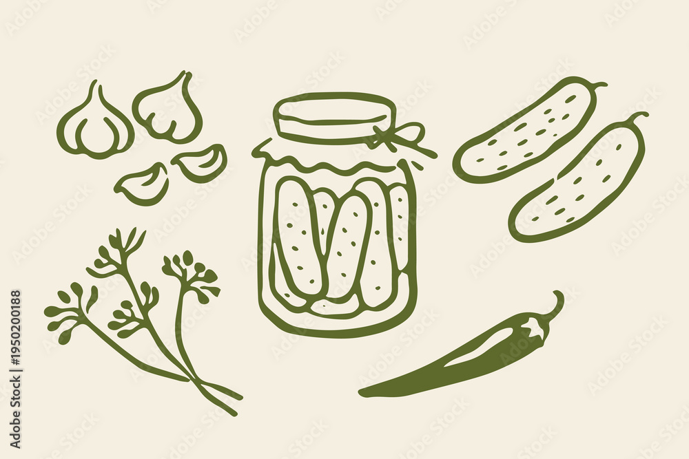 Fototapeta premium Pickled cucumber set outline sketch vector illustration
