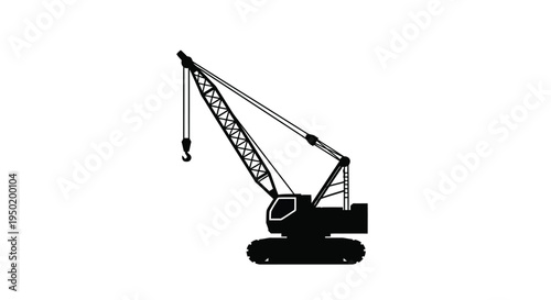 Black silhouette of a large construction crane on a white background