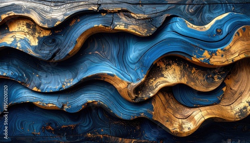 Wavy blue and gold textured wood paneling creates a vibrant pattern