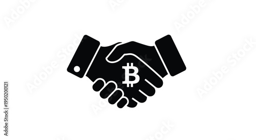 A black handshake with a bitcoin symbol in the center silhouette