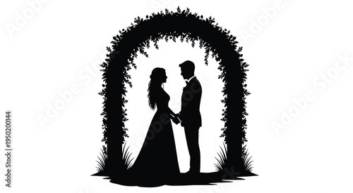 A couple stands beneath a floral archway a romantic silhouette