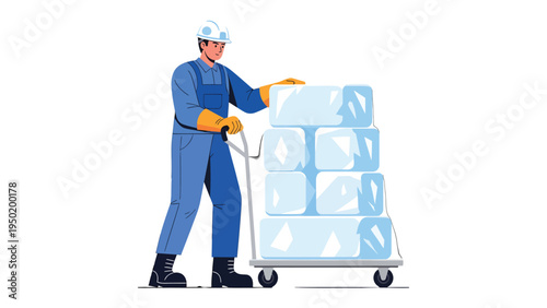 Ice Delivery: A diligent worker transports a stack of ice blocks on a hand truck, embodying the essence of labor and delivery.
