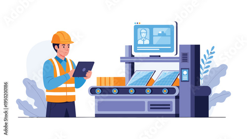 Innovation at Work: A modern factory setting showcases a worker engrossed in overseeing a sophisticated assembly line, highlighting technological advancements in the industrial sector.