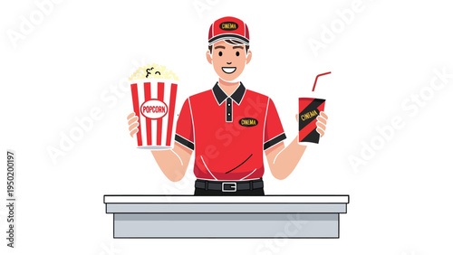 Cinema Usher Serving Popcorn and Drink: A cheerful cinema usher, embodies the welcoming essence of a movie theater, ready to serve popcorn and a refreshing drink