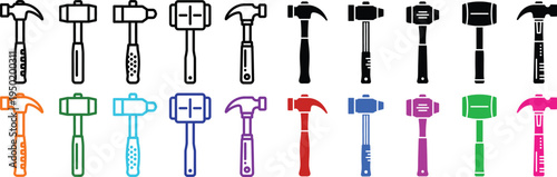 Hammer Icons Collection – Hand Tool Line Art and Colored Construction Tool Vector Set