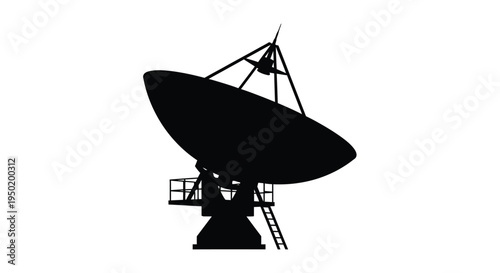A large radio telescope stands against a bright background silhouette