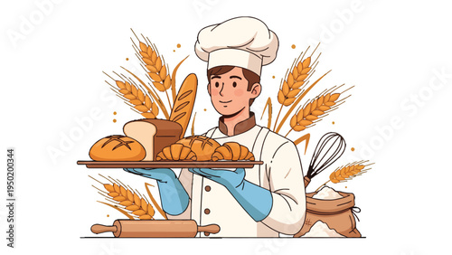 Artisan Baker's Delight: An illustration showcasing a skilled baker presenting a tray of freshly baked bread. The scene captures the artistry and warmth of a bakery. 