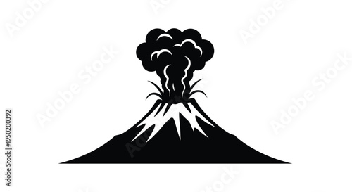 Volcanic eruption with billowing smoke and lava flows a stark silhouette