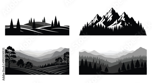 Mountain landscape with trees and fields a striking black silhouette