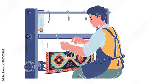 Artisan at Work: An artisan meticulously weaves a colorful rug on a traditional loom, a testament to skill and craftsmanship. Witness the careful hands and unwavering focus. 