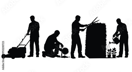 Gardeners performing various tasks in a striking black silhouette