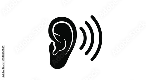 Black silhouette of a human ear with sound waves emanating outwards silhouette